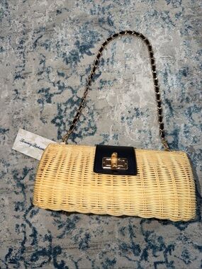 Tommy Bahama Natural Wicker Shoulder Bag with Black Flap and Gold Chain